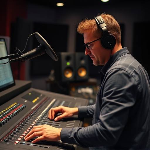 A professional sound engineer working in a soundproof studio, adjusting audio levels on a mixing console.