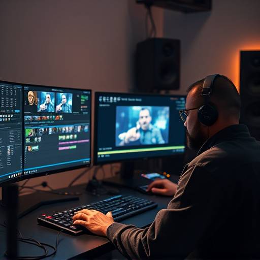 A video editor working at a workstation with multiple monitors displaying video editing software.