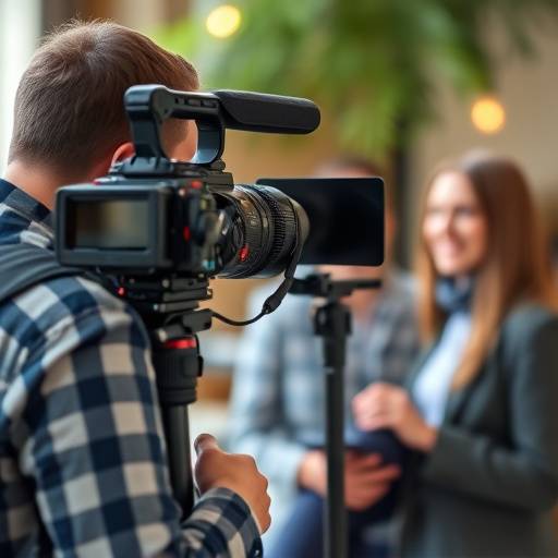 Behind the scenes of a video production shoot with a camera crew filming an interview.