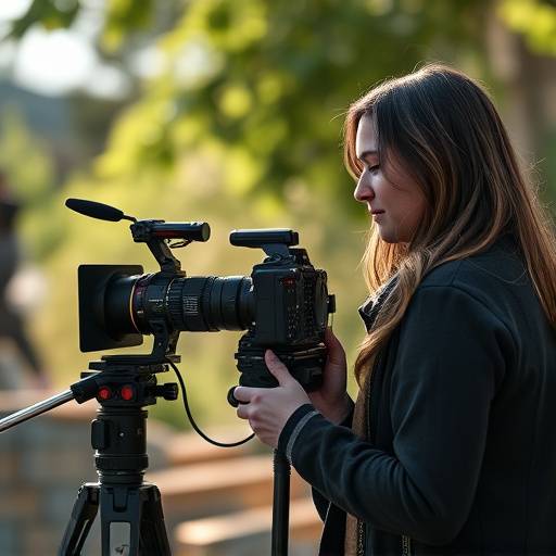 Photo of Sarah Johnson, Senior Video Producer, operating a professional video camera on set.
